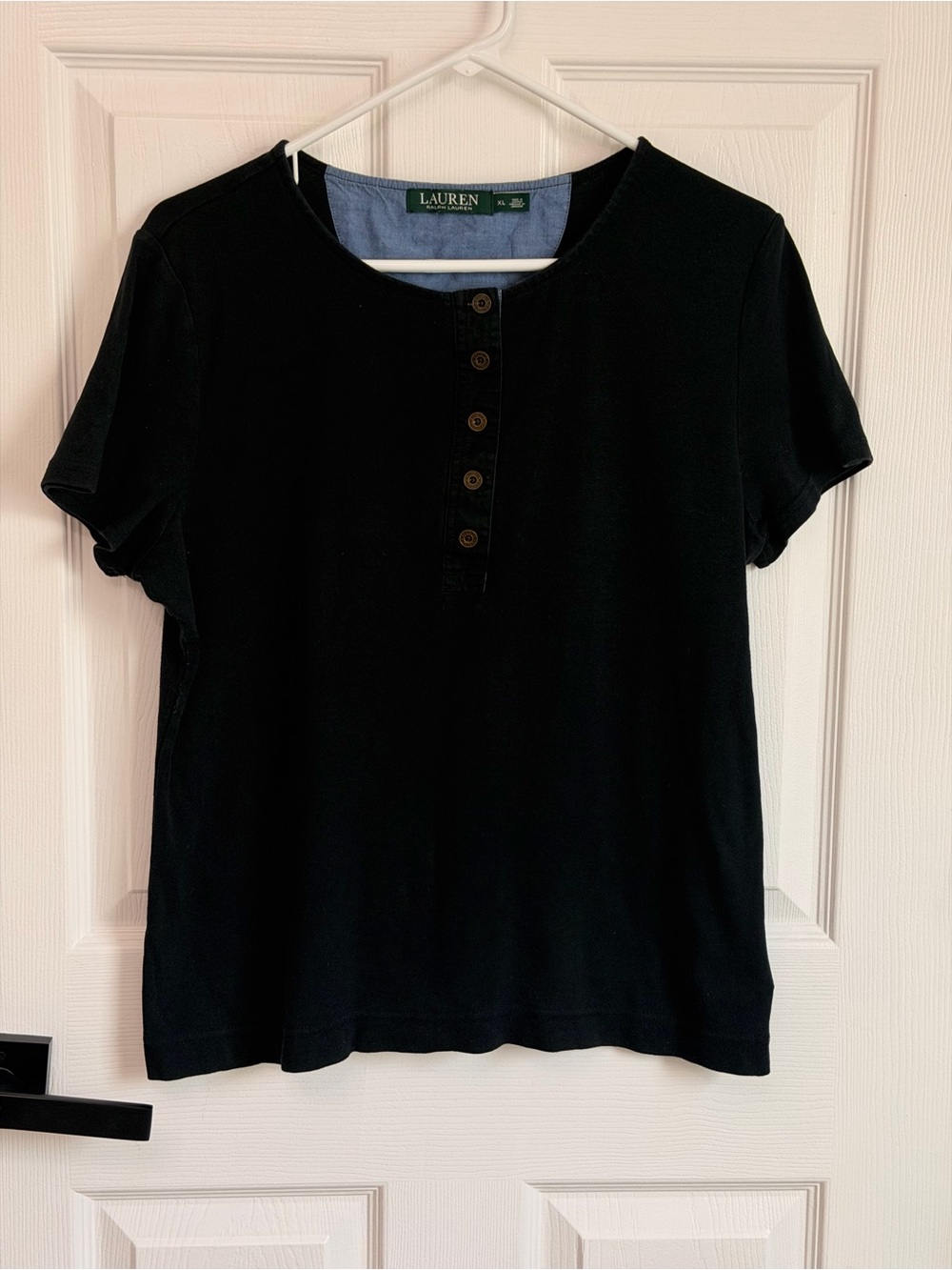 Lauren Ralph Lauren Black Henley T-Shirt - Denim Trim Size XL 100% Cotton Shirt